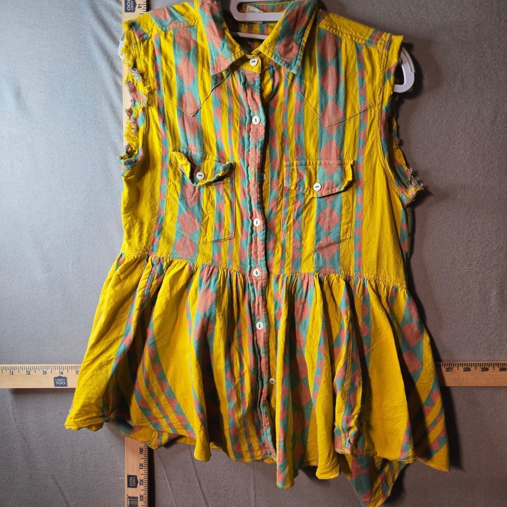 Ivy‎ Jane Yellow Geometric Diamond Stripe Sleeveless Peplum Button Down Top XS